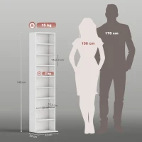 HOMCOM Estante para CDs e DVDs Suportes para CD Estreitos com 9 Compartimentos Prateleiras Ajustáveis 33x24x140 cm Branco(m-3)