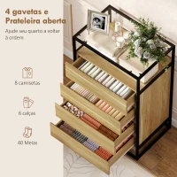 HOMCOM Cómoda 4 Gavetas Cómoda Quarto com Superfície de Vidro Temperado Prateleira Aberta Estrutura de Aço 60x40x94,5 cm Teca(m-4)