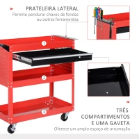 DURHAND Carrinho de Ferramentas com 3 Bandejas e Gaveta Rodas com Travões Pega Lateral Painel Lateral Perfurado 82x35x76 cm Vermelho(m-5)