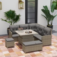 Outsunny 6 Pieces Outdoor PE Rattan Garden Furniture, Patio Wicker Sectional Conversation Corner Sofa with Soft Padded Cushion and Liftable Coffee Table, 123 x 55 x 84 cm, Light Grey(m-10)