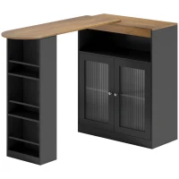HOMCOM Mesa de Bar Extensível e Giratória 360° com Prateleiras Abertas e 2 Portas de Vidro 150x80x105,5 cm Preto e Madeira(m-1)