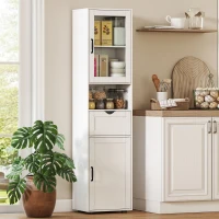 HOMCOM Coluna Casa de Banho com Porta de Vidro Prateleiras Ajustáveis Gaveta e Prateleira Aberta  40x30x165 cm Branco(m-7)