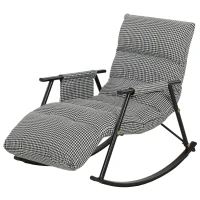 HOMCOM Poltrona Baloiço com Encosto e Apoia-Pés Ajustáveis 105° Estofada em Linho com Bolso Lateral e Estrutura de Metal Preto e Branco(m-11)