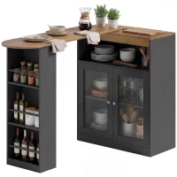 HOMCOM Mesa de Bar Extensível e Giratória 360° com Prateleiras Abertas e 2 Portas de Vidro 150x80x105,5 cm Preto e Madeira(m-11)