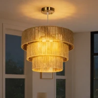 HOMCOM Hemp Rope Ceiling Light, 3-Layer Boho Pendant Light, 4 x E14 Vintage Ceiling Lamp Fixtures for Living Room, Bedroom, Kitchen, Hallway, Light Brown(m-9)