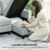 HOMCOM Canapé d'angle convertible réversible, canapé-lit 3 places, méridienne, coffre de rangement, 197lx129x 85cm, gris clair(m-6)