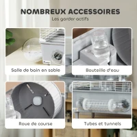 PawHut Cage pour hamster  à 2 niveaux avec roue de course salle de bain en sable pour hamster nain 44,5 x 28 x 44 cm gris(m-5)