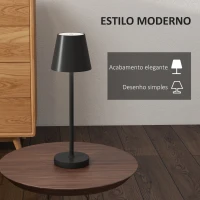 HOMCOM Candeeiro de Mesa com Luzes LED Candeeiro de Mesa Sem Fios Recarregável por USB-C 3 Cores Ø11,2x36,5 cm Preto(m-6)