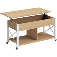 HOMCOM Mesa de Centro Elevatória com Rodas Compartimento Oculto e Prateleiras Abertas 105x50x67 cm Madeira e Branco(m-1)