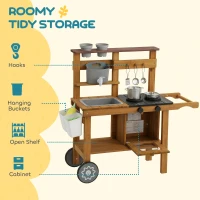 AIYAPLAY Cocina de barro infantil para exteriores de madera con grifo, fregadero, jardinera, ruedas, almacenamiento para 3-6 años Marrón(m-4)