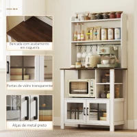 HOMCOM Armário de Cozinha Alto Móvel Auxiliar de Cozinha com 6 Ganchos para Chávenas 2 Portas de Vidro Prateleiras Abertas  80x40x152 cm Branco(m-5)