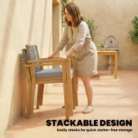 Outsunny Gartenstühle 2er Set FSC Akazienholz Stapelbar Holzstühle mit Rattan-Rückenlehne abnehmbaren Kissen Armlehne(m-6)
