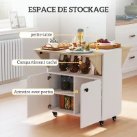 HOMCOM Table à manger pliante sur roulettes, table de cuisine 4 personnes, 2 abattants, étagère, placard, 70x83x75cm, blanc(m-6)