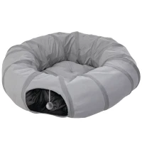 PawHut Tunnel pour chat intérieur rond tunnel avec lit et coussin, pliable, avec trous pour balles et judas, Ø 90 x 27 cm gris(m-1)