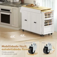 HOMCOM Ilha de Cozinha com Rodas Tampo Extensível Carrinho de Cozinha com 4 Portas Prateleiras Ajustáveis Estante Lateral Aberta Branco(m-7)