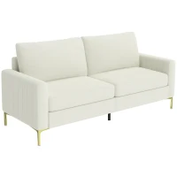 HOMCOM Sofá de 3 Lugares de 181 cm Estofado em Veludo com Almofadas Espessas Pernas de Metal Branco Creme(m-11)