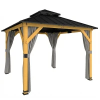 Outsunny 3 x 3 m Outdoor Hardtop Gazebo Canopy with 2-Tier Steel Roof, Wood Garden Gazebo with Curtains, Grey(m-1)