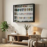 HOMCOM 5-Tier Wall Display Cabinet,  Wall Mounted Display Case w/ 4 Adjustable Shelves, Glass Doors, 60x80cm, Black and White(m-9)