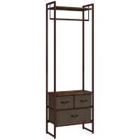 HOMCOM Suporte para Cabides com 3 Gavetas de Tecido Barra para Pendurar e Prateleira para Entrada Quarto 58,5x30x178 cm Castanho Rústico