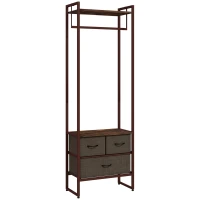 HOMCOM Suporte para Cabides com 3 Gavetas de Tecido Barra para Pendurar e Prateleira para Entrada Quarto 58,5x30x178 cm Castanho Rústico(m-1)