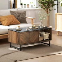 HOMCOM Table basse, table de salon, plateau effet marbre, 2 portes et 2 niches ouvertes, 100 x 50,8 x 45,7 cm, noyer(m-10)