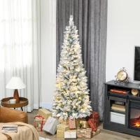 HOMCOM Árvore de Natal Estreita 180 cm Nevada com Luzes LED Bicolores 11 Modos de Iluminação 479 Ramos Suporte Metálico Verde(m-2)