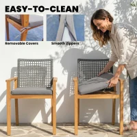 Outsunny Gartenstühle 2er Set FSC Akazienholz Stapelbar Holzstühle mit Rattan-Rückenlehne abnehmbaren Kissen Armlehne(m-8)