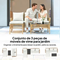Outsunny Conjunto de Jardim Exterior em Vime com 1 Sofá de 2 Lugares 1 Chaise Longue e 1 Mesa de Centro com Tampo de Vidro Creme(m-4)