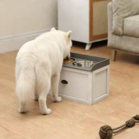 PawHut Gamelle double chien chat - porte-gamelles surélevé rangement 2 en 1 - tiroir, 2 gamelles - acier inox. MDF blanc gris(m-10)