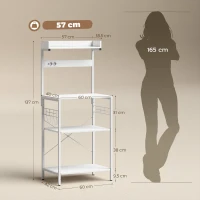 HOMCOM Estante de Cozinha com 2 Tomadas Prateleira para Micro-ondas Prateleira Ajustável Ganchos 60x42x137 cm Branco(m-3)