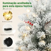 HOMCOM Mini Árvore de Natal Artificial com 35 Luzes LED 60 cm com 72 Ramos com Neve Pinhas Bagas e Base de Saco de Juta Ø37x60 cm Verde(m-5)