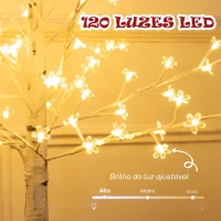 HOMCOM Árvore Cerejeira com 120 Luzes LED IP44 Banco Quente com Luz Ajustável em 3 Modos 21x21x150 cm Branco(m-4)