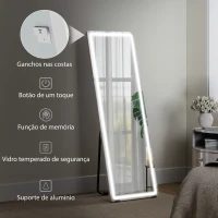 HOMCOM Espelho de Corpo Inteiro com Luzes 150x50 cm Sem Moldura 3 Temperaturas de Cor Brilho Ajustável Transparente(m-7)