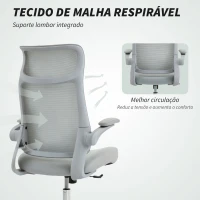 HOMCOM Cadeira de Escritório Ergonómica com Suporte Lombar e Apoios de Braços 3D Dobráveis Função de Basculante 64x65x108-118 cm Cinzento(m-5)