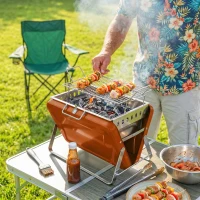 Outsunny Charcoal BBQ Grill Portable Stainless Steel Barbecue with Tilting Grate for Camping Picnic Garden Orange(m-2)