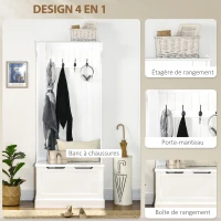 HOMCOM Meuble d'entrée 4 en 1, vestiaire d'entrée avec banc de rangement et 4 crochets doubles, 71,5 x 39,5 x 170 cm, blanc(m-4)