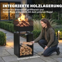 Outsunny Feuerschale 39 x 39 x 87 cm Feuerstelle mit Holzlager Kohlegitter verstellbaren Füßen, Schwarz(m-5)