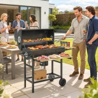 Outsunny Charcoal Grill, Barrel BBQ Smoker with Warming Rack, Charcoal BBQ Grill with Foldable Shelves, Natural Wood and Black(m-2)