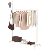 HOMCOM Portant à vêtements, porte-manteau sur roulettes avec étagère à chaussures et 5 crochets, 120 x 43 x 171 cm, blanc(m-1)