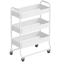HOMCOM 3-Tier Storage Trolley on Wheels, Rolling Utility Cart with Mesh Backets for Kitchen, Bathroom, Bedroom, White(m-1)