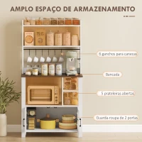 HOMCOM Armário de Cozinha Alto Móvel Auxiliar de Cozinha com 6 Ganchos para Chávenas 2 Portas de Vidro Prateleiras Abertas  80x40x152 cm Branco(m-4)