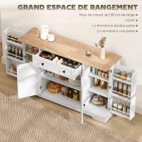HOMCOM Buffet cuisine, meuble de rangement avec tiroir, 4 portes, étagères réglables et 6 racks de porte, 138x40x83,5cm, blanc(m-4)