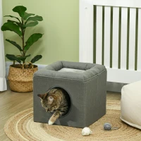 PawHut Maison niche pour chat 2 niveaux avec coussin moelleux en peluche - 36,5 x 36,5 x 33 cm gris(m-10)