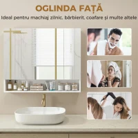 kleankin, Dulap cu Oglindă, 3 Uși Soft Close și Rafturi Reglabile, MDF, sticlă, 90 cm x 15 cm x 75 cm, Alb(m-7)