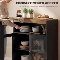 HOMCOM Mesa de Bar Extensível e Giratória 360° com Prateleiras Abertas e 2 Portas de Vidro 150x80x105,5 cm Preto e Madeira(m-7)