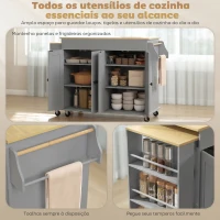 HOMCOM Ilha de Cozinha com Rodas Tampo Extensível Carrinho de Cozinha com 4 Portas Prateleiras Ajustáveis Estante Lateral Aberta Cinza(m-6)