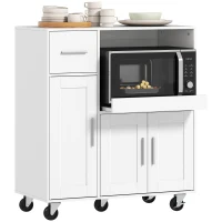 HOMCOM Móvel Auxiliar de Cozinha com Rodas para Microondas com Bandeja Deslizante Gaveta 3 Portas Prateleira Ajustável 80x40x88,7 cm Branco(m-10)