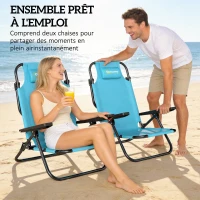 Outsunny Lot de 2 Chaises de Plage Pliable à 5 Positions avec Dossier, Appui-tête et Accoudoirs, 63x75x80cm, Bleu Clair(m-4)