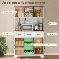 HOMCOM Amário de Cozinha Alto com Suporte para 8 Garrafas 4 Portas 3 Gavetas Prateleiras Abertas100x38x172 cm Branco(m-4)