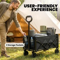 Outsunny 60L Foldable Festival Trolley on Wheels, Collapsible Wagon Cart with Drop-Down Tailgate, Adjustable Handle, Black(m-8)